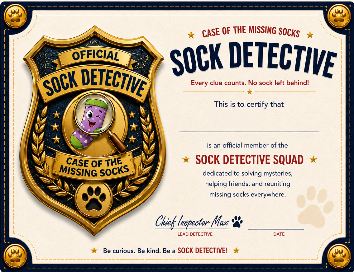 Official Case of the Missing Socks Sock Detective certificate